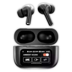A9 Pro ANC Earbuds with LED Smart Display, Bluetooth 5.4, Noise Cancellation & Touch Control – White and Black Colors