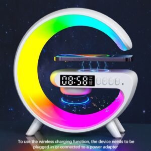 G63 Bluetooth Speaker with RGB lights, wireless charger, alarm clock, and night light features – perfect multifunctional bedside speaker in Pakistan