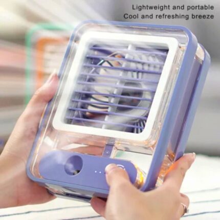 Image of a Portable USB Air Cooler Fan with LED Light, Mist Spray & Rechargeable Battery – Ideal Mini Air Cooler for Desk, Car & Travel in Pakistan