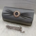 Semi Fancy Clutch Handbag for Girls and Women, Fancy Wedding Clutch with Long Chain, Elegant Party and Event Purse with Inside Zip Pocket
