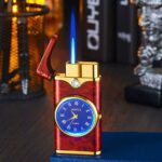Refillable Fancy Watch Lighter Stylish Metal Timepiece with Windproof Blue A1 Jet Super Flame and Push-Button Ignition