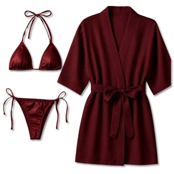 3-Piece Swimwear & Lounge Set for Women, Monokini with Bikini & Sheer Robe, Stylish Beach & Pool Outfit, Free Size 28–38, Available in Maroon, Black, Blue, Pink & Grey - Image 2