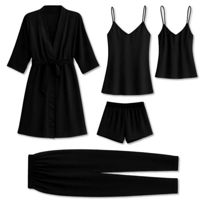 5-Piece Satin Sleepwear Set for Women, Luxury Nightwear Collection with Robe, Camisole, Shorts, Pants & Slip Dress, Free Size 28–38, Available in Maroon, Black & Blue - Image 2
