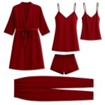 5-Piece Satin Sleepwear Set for Women, Luxury Nightwear Collection with Robe, Camisole, Shorts, Pants & Slip Dress, Free Size 28–38, Available in Maroon, Black & Blue
