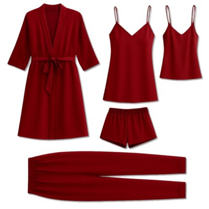 5-Piece Satin Sleepwear Set for Women, Luxury Nightwear Collection with Robe, Camisole, Shorts, Pants & Slip Dress, Free Size 28–38, Available in Maroon, Black & Blue