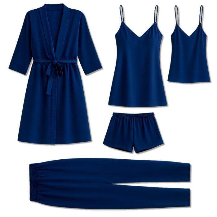 5-Piece Satin Sleepwear Set for Women, Luxury Nightwear Collection with Robe, Camisole, Shorts, Pants & Slip Dress, Free Size 28–38, Available in Maroon, Black & Blue - Image 3