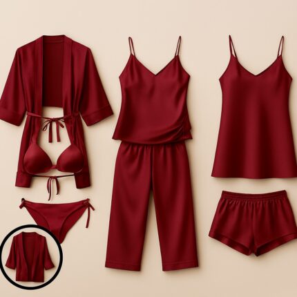 7-Piece Satin Sleepwear and Lingerie Set for Women, Luxury Nightwear Collection with Robe, Slip Dress, Camisole, Pajama and Shorts, Free Size 28–38, Available in Maroon, Black & Blue