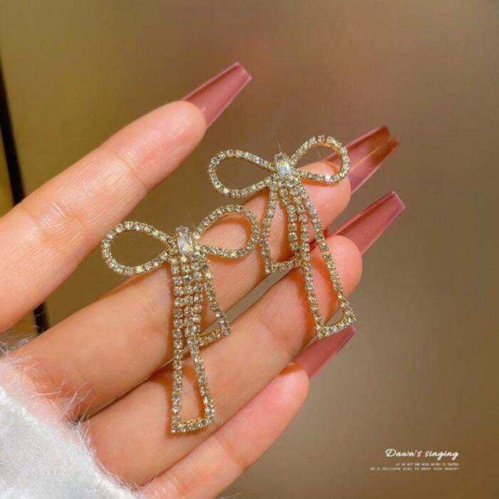 Bow Shape Zircon Korean Earrings Elegant Super Golden Bow Design with Sparkling Zircon Stones, In 1 colour Golden - Image 2