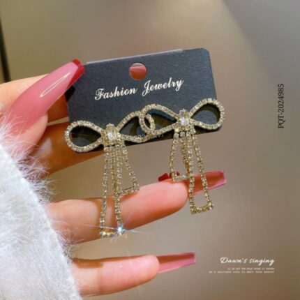 Bow Shape Zircon Korean Earrings Elegant Super Golden Bow Design with Sparkling Zircon Stones, In 1 colour Golden