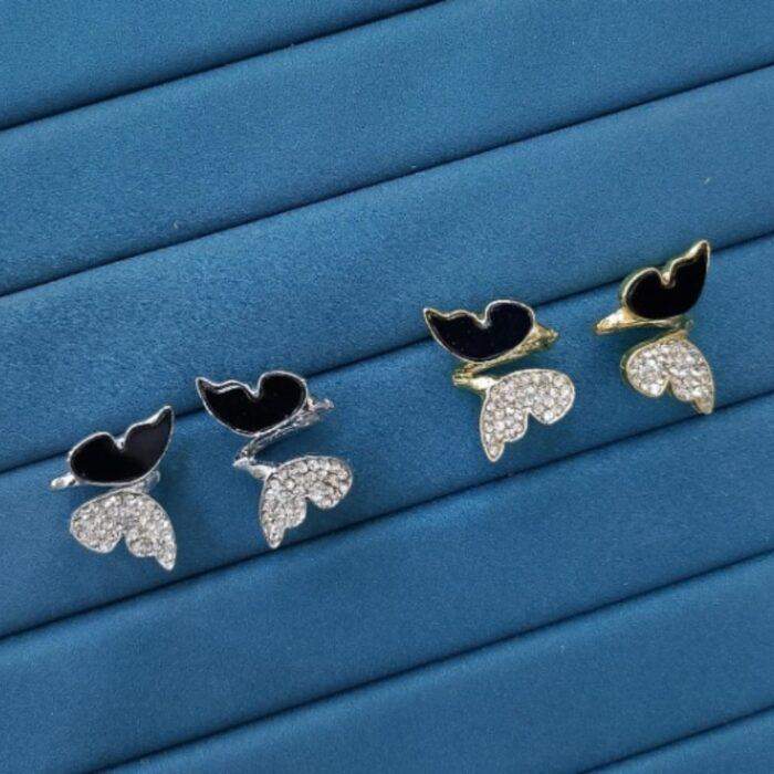 Zircon Butterfly Style Earrings for Women Elegant Studs with super Black Enamel & Sparkling Stones in 2 Golden and Silver Finishes - Image 3