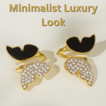 Zircon Butterfly Style Earrings for Women Elegant Studs with super Black Enamel & Sparkling Stones in 2 Golden and Silver Finishes