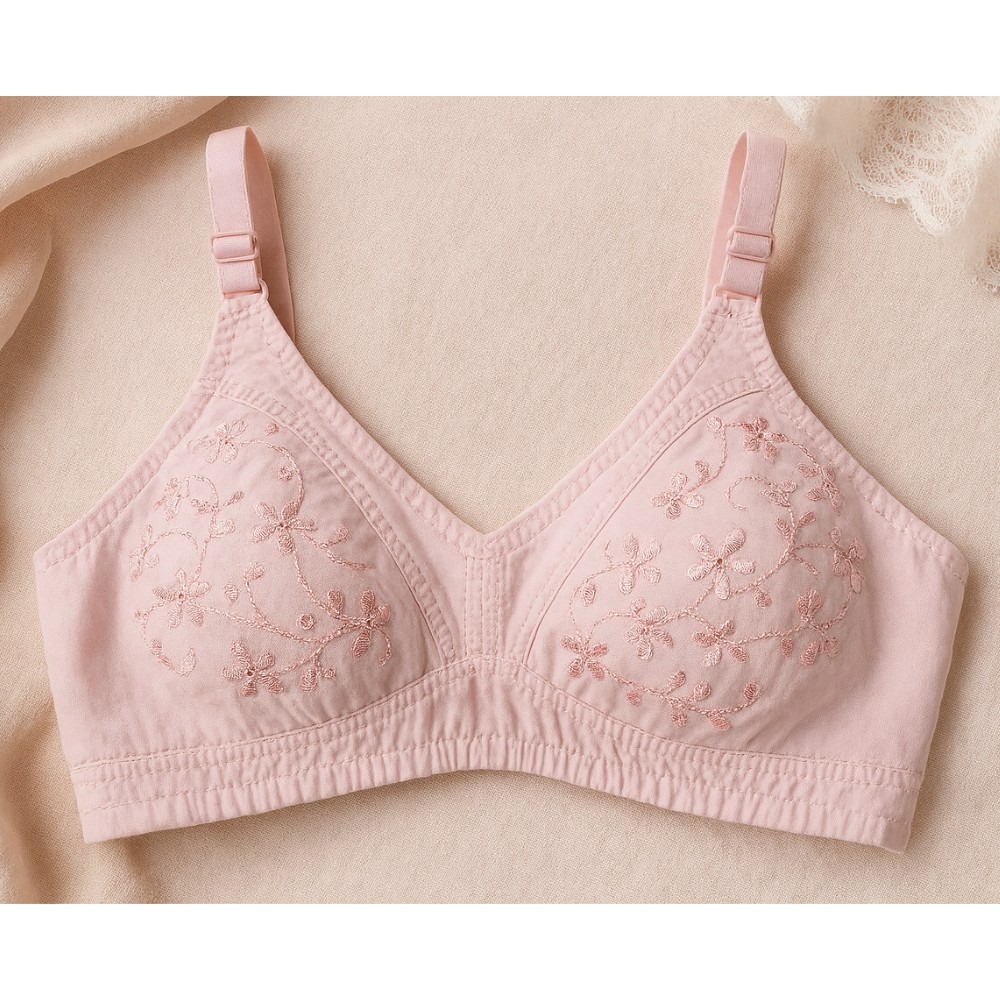 Chikan Bra for Women Pink (2) Cotton Embroidered Chikan Bra for Women Pink Daily Wear Bra with Super Soft Breathable Fabric, Floral Embroidery, Adjustable Straps & 2-Hook - Image 3