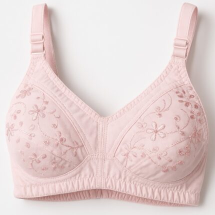 Cotton Embroidered Chikan Bra for Women Pink Daily Wear Bra with Super Soft Breathable Fabric, Floral Embroidery, Adjustable Straps & 2-Hook