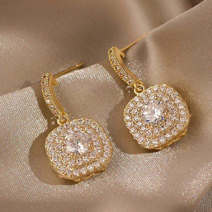 Crystal Earrings Elegant Gold-Plated Dangle Earrings with Cushion-Cut Cubic Zirconia & Pavé A1 Crystal super Detailing - Image 3