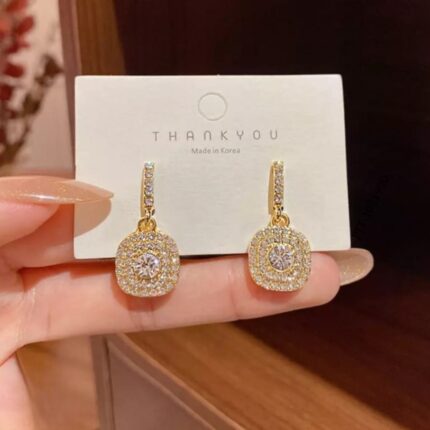 Crystal Earrings Elegant Gold-Plated Dangle Earrings with Cushion-Cut Cubic Zirconia & Pavé A1 Crystal super Detailing