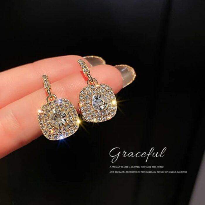 Crystal Earrings Elegant Gold-Plated Dangle Earrings with Cushion-Cut Cubic Zirconia & Pavé A1 Crystal super Detailing - Image 5