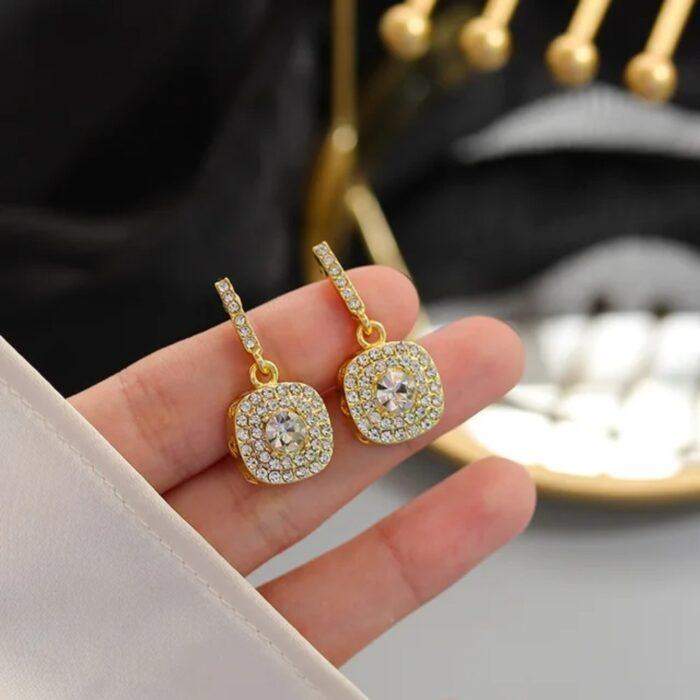 Crystal Earrings Elegant Gold-Plated Dangle Earrings with Cushion-Cut Cubic Zirconia & Pavé A1 Crystal super Detailing - Image 6