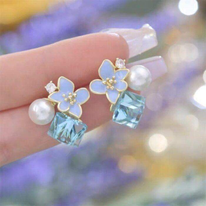 Crystal Flower Korean Earrings Elegant Floral Design with Dazzling super Crystal Petals, Available in 6 Stunning Colors - Image 3