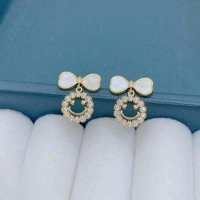 Smiley Face Zircon Korean Earrings, Elegant Bow & Crystal Circle Super Design, In 2 colours Golden and Silver - Image 2