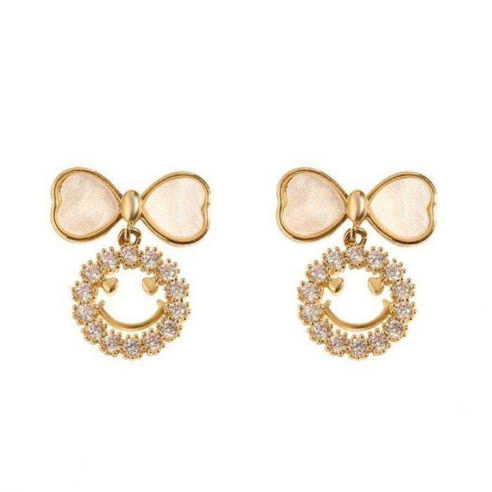 Smiley Face Zircon Korean Earrings, Elegant Bow & Crystal Circle Super Design, In 2 colours Golden and Silver - Image 4
