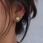 Black and Gold Floral Earrings Elegant Four-Petal Studs with Black Enamel, Cubic Zirconia & Super Gold-Tone A1 Detailing