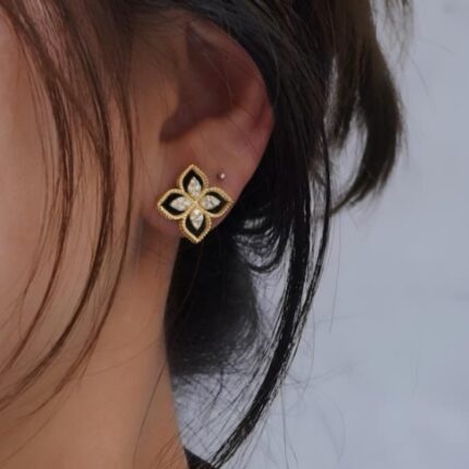 Black and Gold Floral Earrings Elegant Four-Petal Studs with Black Enamel, Cubic Zirconia & Super Gold-Tone A1 Detailing