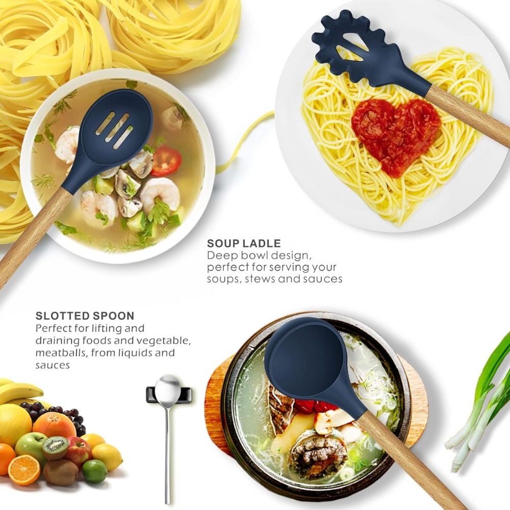 Kitchen Utensil Set (1) 12 Pcs Silicone Cooking Utensils Kitchen Utensil Set, Super Heat Resistant Non Stick Silicone Spatula Set with Wooden Handle - Image 5
