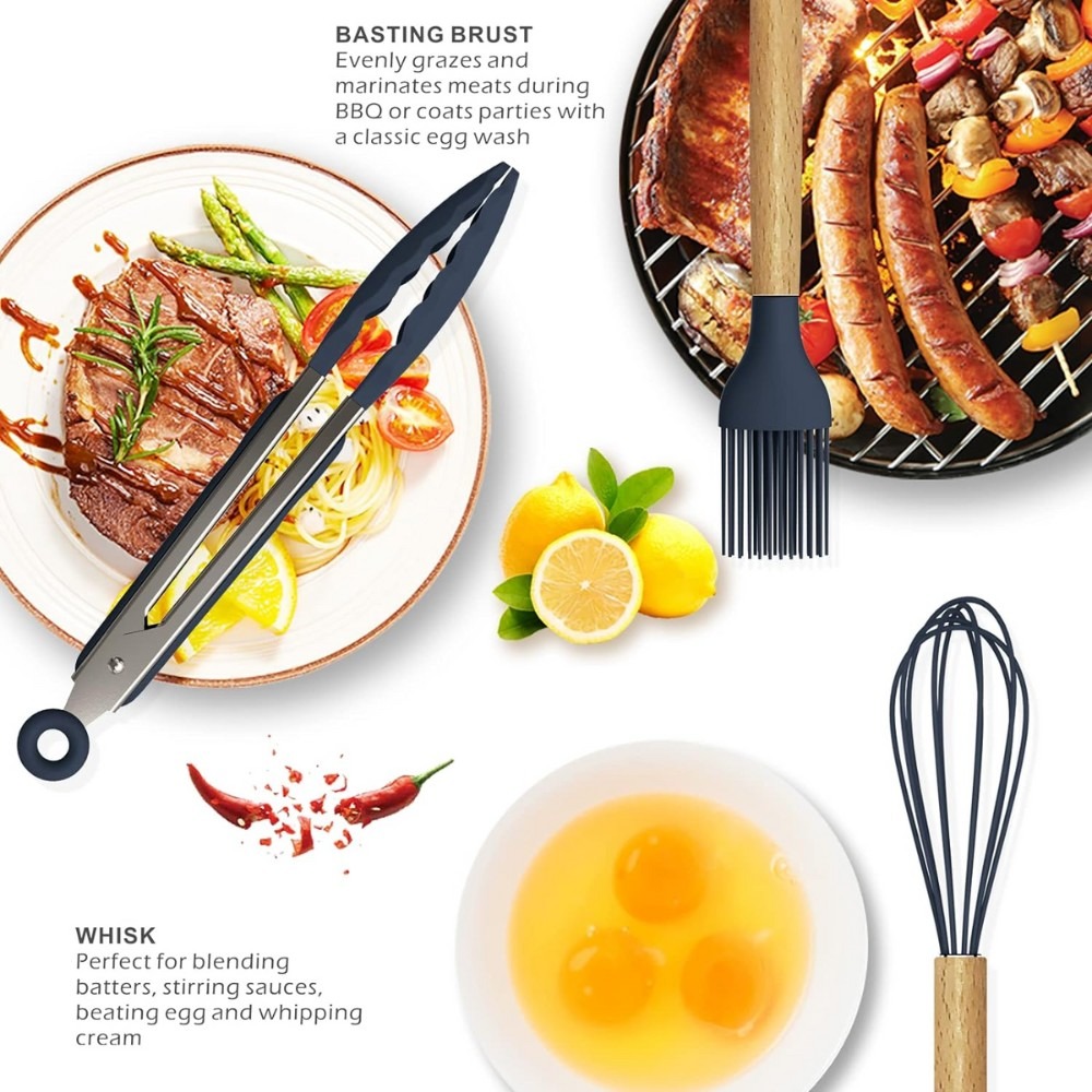 Kitchen Utensil Set (2) 12 Pcs Silicone Cooking Utensils Kitchen Utensil Set, Super Heat Resistant Non Stick Silicone Spatula Set with Wooden Handle - Image 4