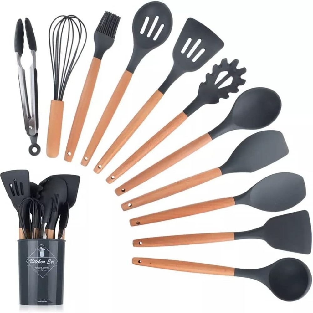 Kitchen Utensil Set (4) 12 Pcs Silicone Cooking Utensils Kitchen Utensil Set, Super Heat Resistant Non Stick Silicone Spatula Set with Wooden Handle - Image 2