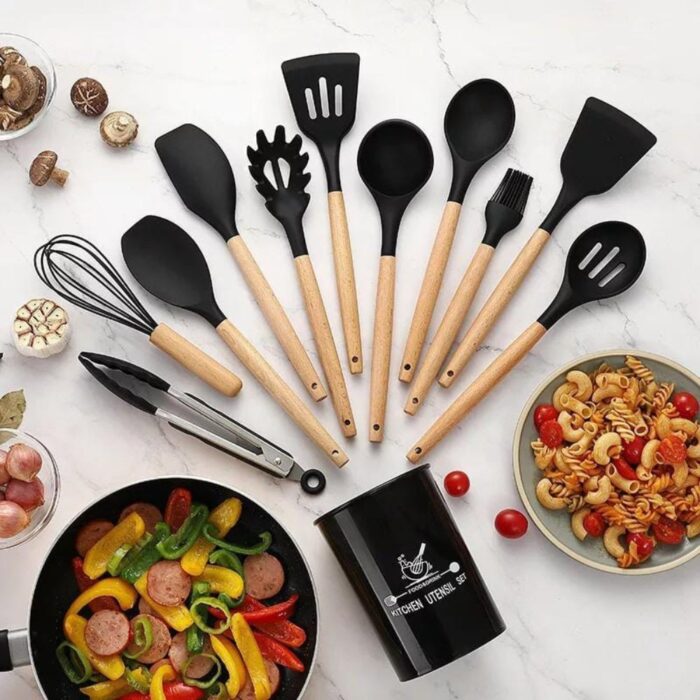 12 Pcs Silicone Cooking Utensils Kitchen Utensil Set, Super Heat Resistant Non Stick Silicone Spatula Set with Wooden Handle - Image 1