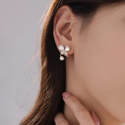 Tangled Korean Pearl Earrings, Korean-Style Jewellery with Butterfly Motif, Crystals & Faux Pearls in 2 colors Golden & Silver