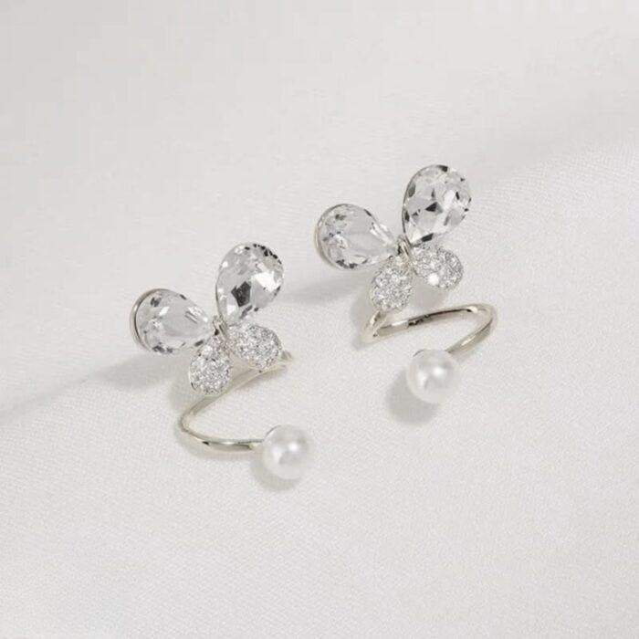 Tangled Korean Pearl Earrings, Korean-Style Jewellery with Butterfly Motif, Crystals & Faux Pearls in 2 colors Golden & Silver - Image 2