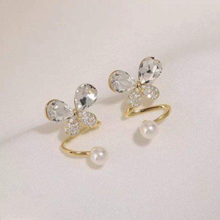 Tangled Korean Pearl Earrings, Korean-Style Jewellery with Butterfly Motif, Crystals & Faux Pearls in 2 colors Golden & Silver - Image 3