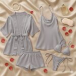 Luxury Satin Sleepwear Trio for Women, 3-Piece Nightwear Set with Robe, Slip Dress & Halter Bikini, Free Size