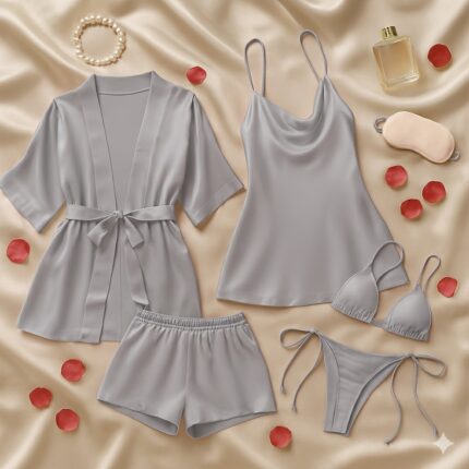 Luxury Satin Sleepwear Trio for Women, 3-Piece Nightwear Set with Robe, Slip Dress & Halter Bikini, Free Size