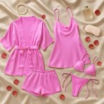 Luxury Satin Sleepwear Trio for Women, 3-Piece Nightwear Set with Robe, Slip Dress & Halter Bikini, Free Size - Image 2
