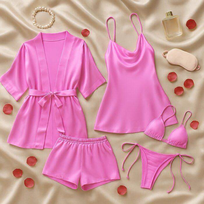 Luxury Satin Sleepwear Trio for Women, Nightwear Set with Robe, Slip Dress & Halter Bikini, Free Size - Image 2