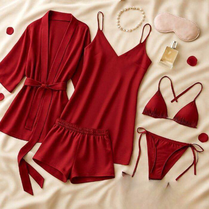 Luxury Satin Sleepwear Trio for Women, Nightwear Set with Robe, Slip Dress & Halter Bikini, Free Size - Image 3