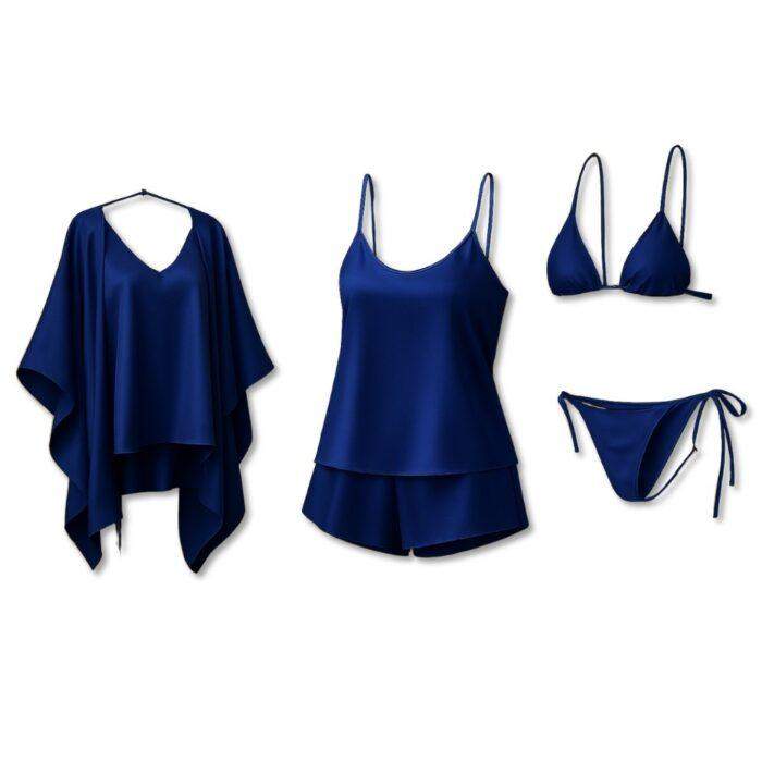 Luxury Satin Sleepwear Trio for Women, Nightwear Set with Robe, Slip Dress & Halter Bikini, Free Size - Image 5