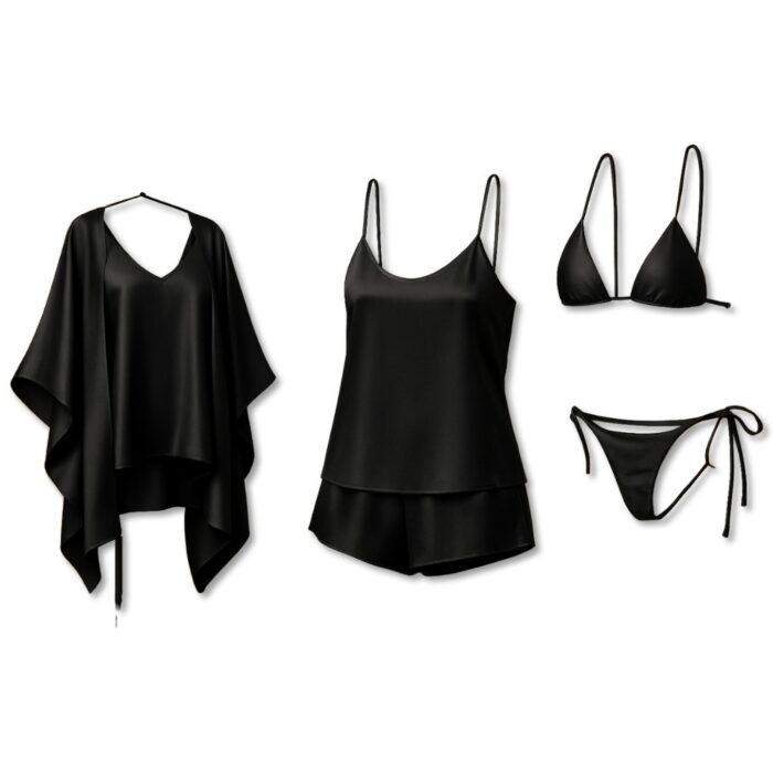 Luxury Satin Sleepwear Trio for Women, Nightwear Set with Robe, Slip Dress & Halter Bikini, Free Size - Image 4