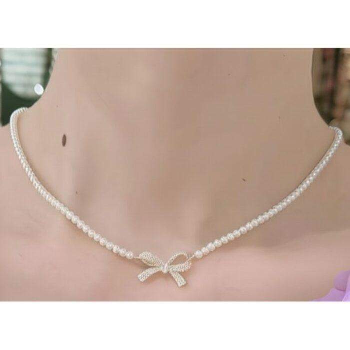 Bow Shape Pearl Pendant Necklace for Women super Elegant Bow Design with Sparkling Stones & Pearl Strand in 2 Silver & Golden - Image 2