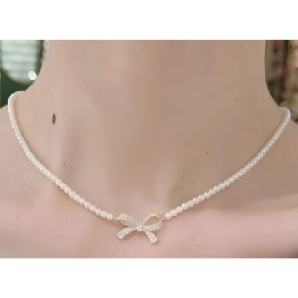 Bow Shape Pearl Pendant Necklace for Women super Elegant Bow Design with Sparkling Stones & Pearl Strand in 2 Silver & Golden