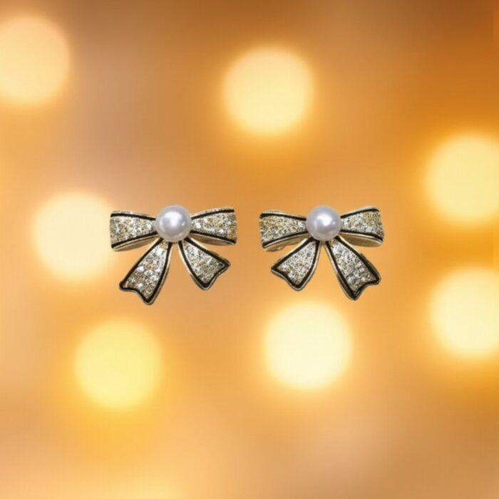 Bow Shape Zircon Pearl Earrings for Women Korean Style Jewelry with Sparkling Zircon & Classic Pearl in 2 colors Golden & Silver - Image 3