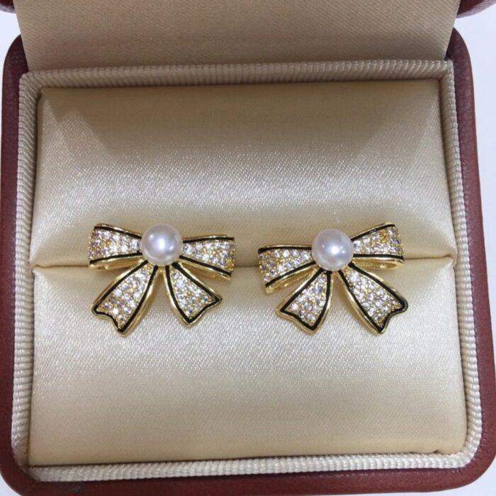 Bow Shape Zircon Pearl Earrings for Women Korean Style Jewelry with Sparkling Zircon & Classic Pearl in 2 colors Golden & Silver - Image 2
