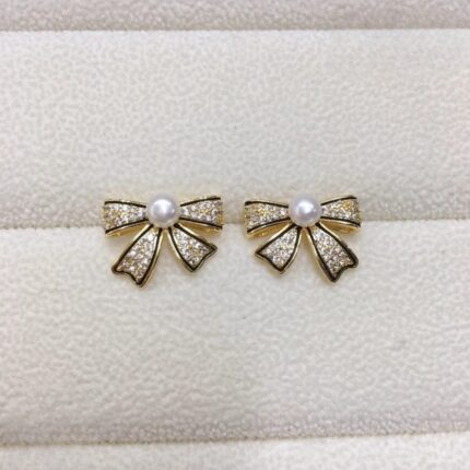 Bow Shape Zircon Pearl Earrings for Women Korean Style Jewelry with Sparkling Zircon & Classic Pearl in 2 colors Golden & Silver