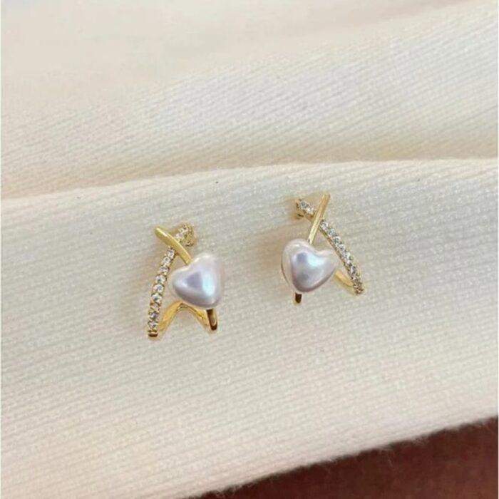 Stylish Minimalist Pearl Heart Earrings Elegant Gold-Plated Hoop with Crystal Zircon Detailing in 2 Silver & Golden - Image 2