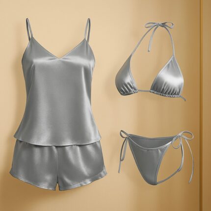 Premium Satin Sleepwear and Lingerie Impressive Combo for Women, 3-Piece Set