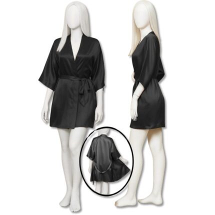 Satin Gown Robe for Women, Short Length with Waist Tie, Glossy Satin Lounge Robe, V-Neck, Elbow Sleeves, Free Size 28–38, Available in Black, Grey, Blue & Maroon