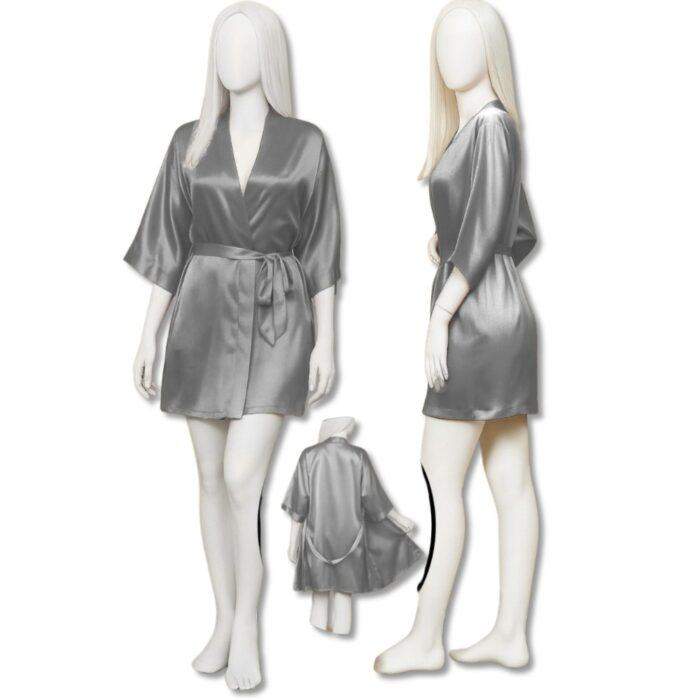 Satin Gown Robe for Women, Short Length with Waist Tie, Glossy Satin Lounge Robe, V-Neck, Elbow Sleeves, Free Size 28–38, Available in Black, Grey, Blue & Maroon - Image 2