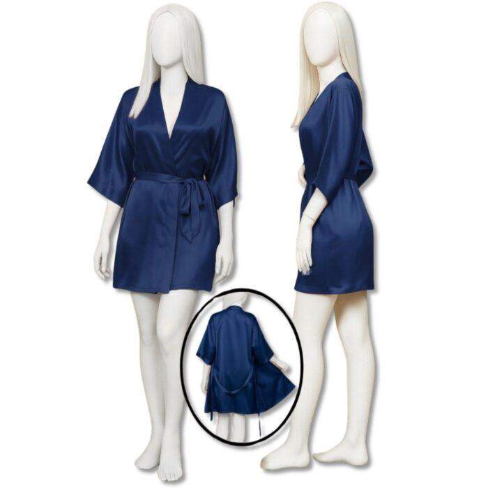 Satin Gown Robe for Women, Short Length with Waist Tie, Glossy Satin Lounge Robe, V-Neck, Elbow Sleeves, Free Size 28–38, Available in Black, Grey, Blue & Maroon - Image 3